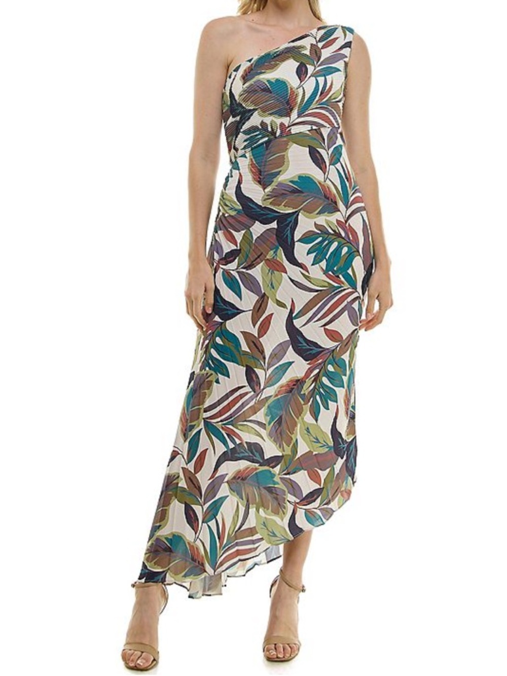 Nicole Miller One-Shoulder Leaf-Print Midi Dress in Green, Blue and Tan - Picture 8 of 16